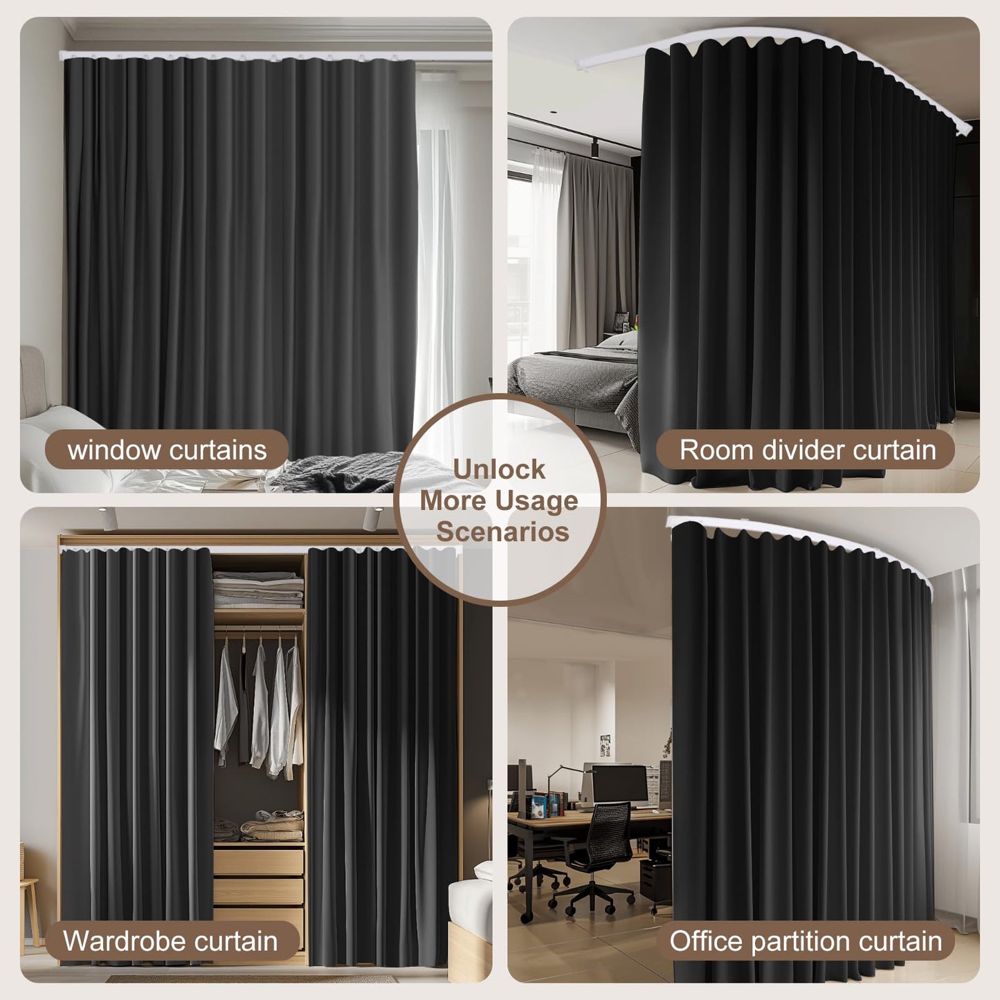(Black)High-Density Silk-Look Blackout Divider Curtain & White Track Set