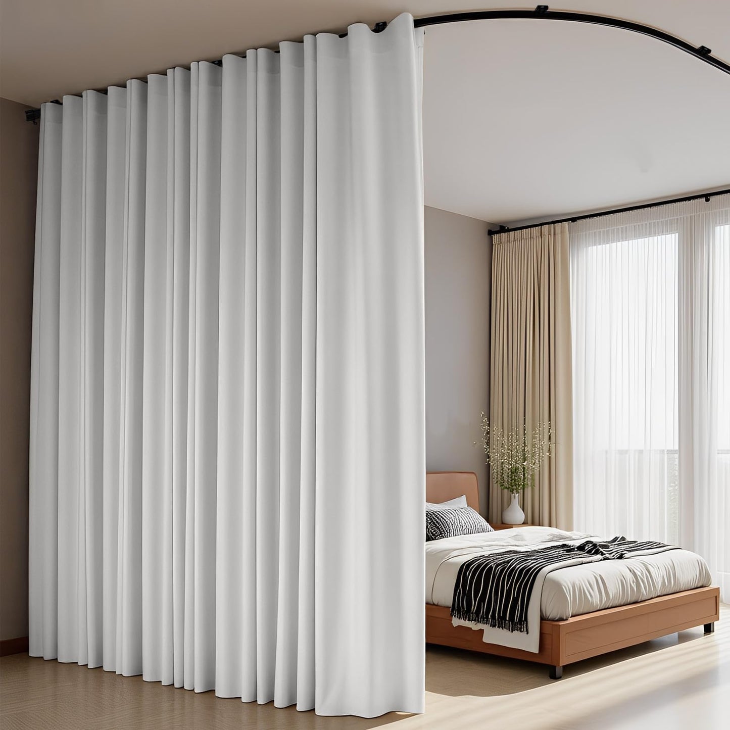 (Whit)High-Density Silk-Look Blackout Divider Curtain & Black Track Set