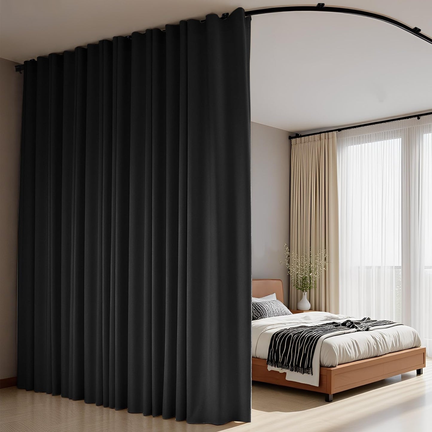 (Black)High-Density Silk-Look Blackout Divider Curtain & Black Track Set