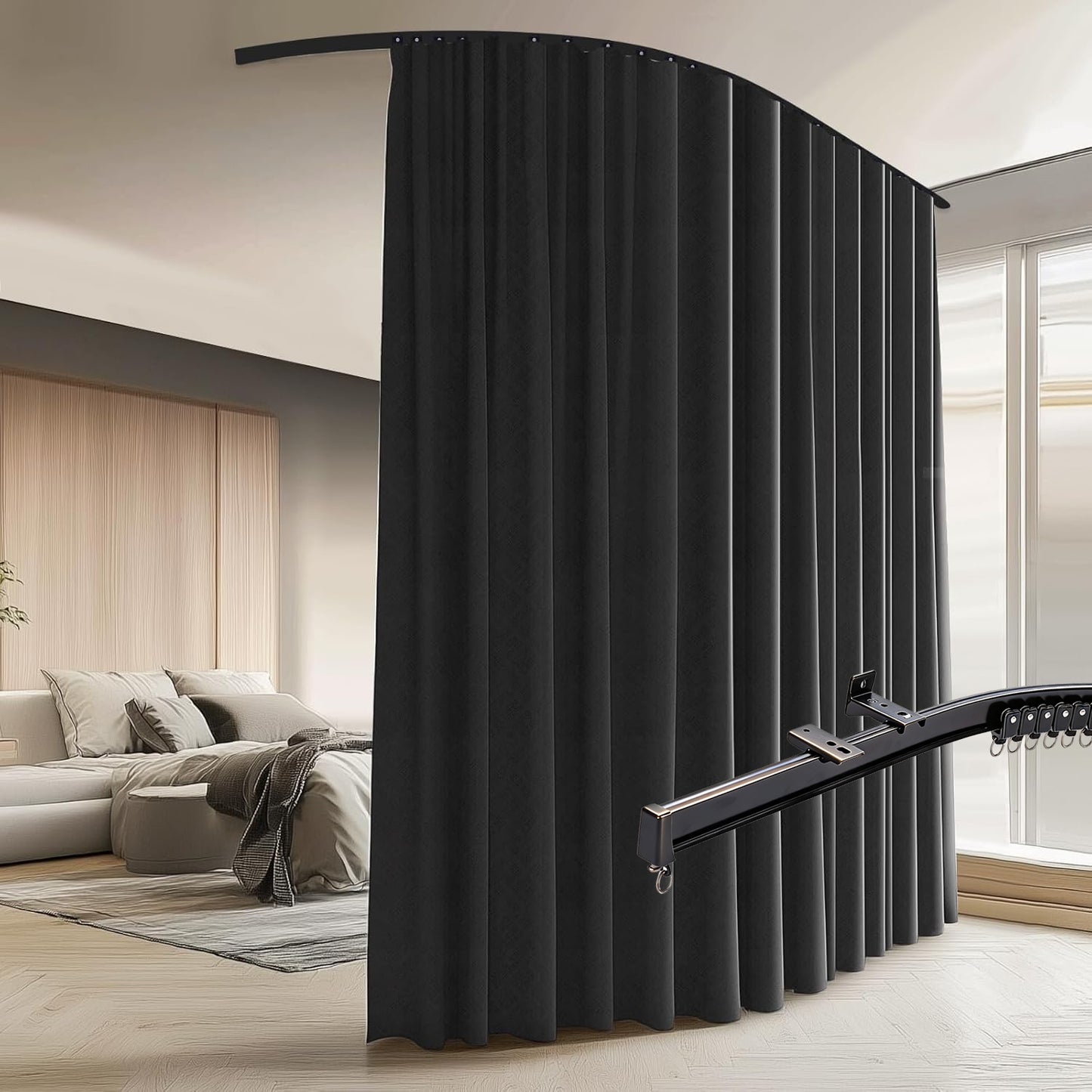 Benny Thermal Textured Blackout Room Divider Curtain Kit with Heavy-Duty Aluminum Bendable Ceiling Track Set