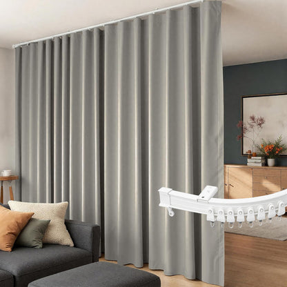 (Light-grey)High-Density Silk-Look Blackout Divider Curtain & White Track Set