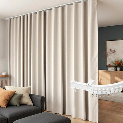 (Beige)High-Density Silk-Look Blackout Divider Curtain & White Track Set