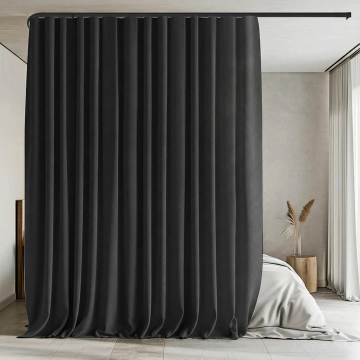 Benny Thermal Textured Woven Blackout Divider Curtain & Black Track Kit