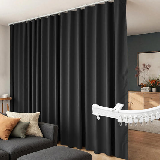 (Black)High-Density Silk-Look Blackout Divider Curtain & White Track Set