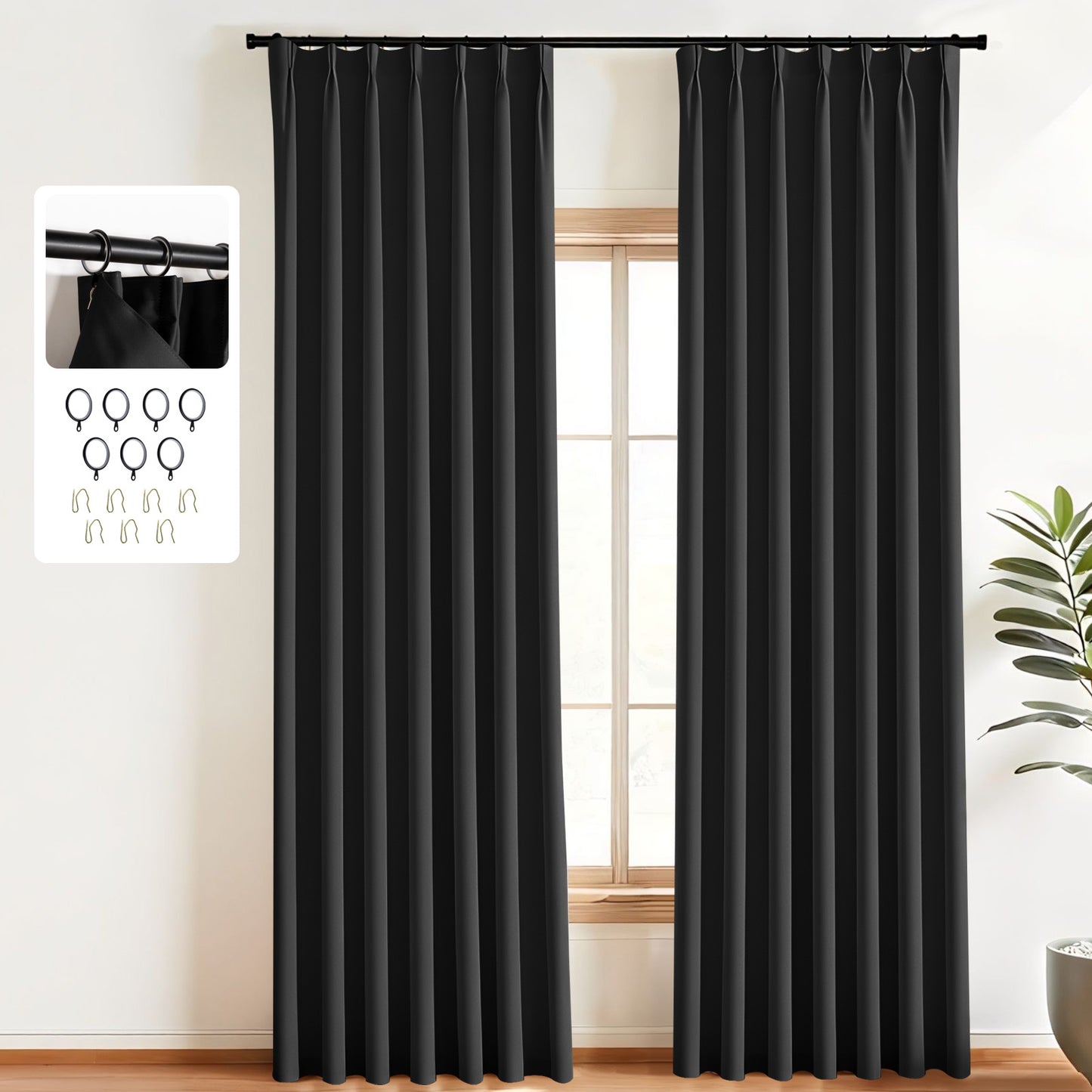 （Black）Total Blockout Pinch Pleat Curtains