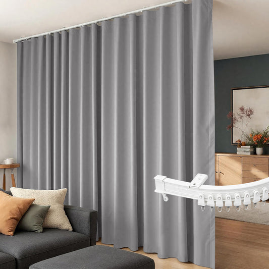 (grey)High-Density Silk-Look Blackout Divider Curtain & White Track Set