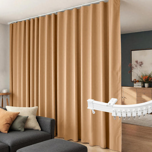 (Khaki)High-Density Silk-Look Blackout Divider Curtain & White Track Set