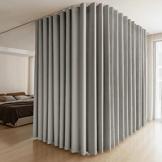 (Light-grey)High-Density Silk-Look Blackout Divider Curtain & White Track Kit