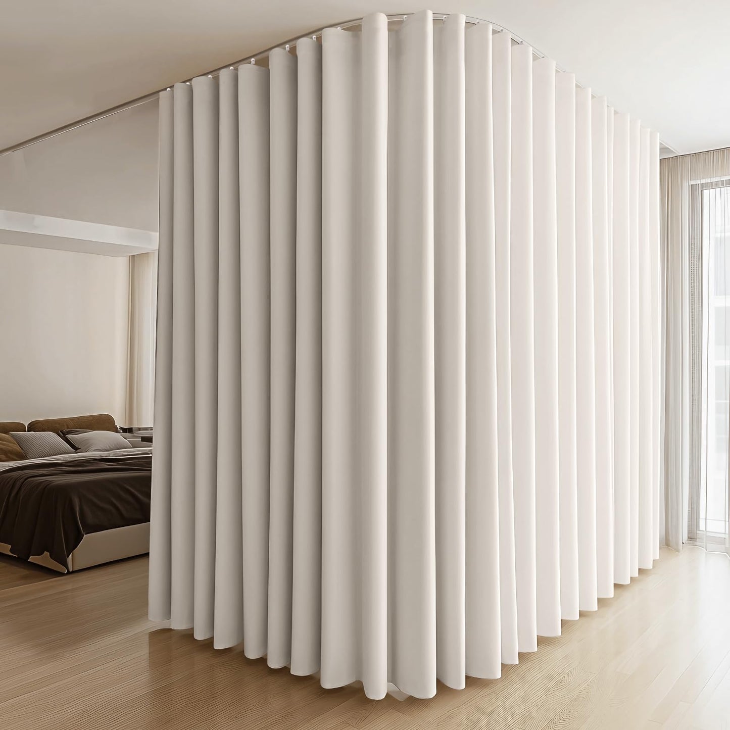 (Beige)High-Density Silk-Look Blackout Divider Curtain & White Track Kit