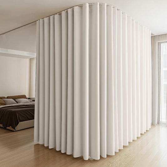 (Beige)High-Density Silk-Look Blackout Divider Curtain & White Track Kit