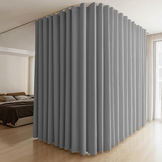(grey)High-Density Silk-Look Blackout Divider Curtain & White Track Kit