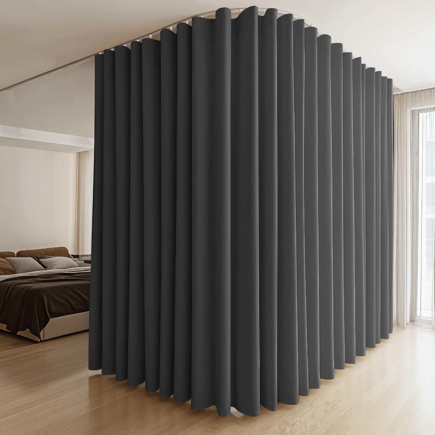 (Black)High-Density Silk-Look Blackout Divider Curtain & White Track Kit