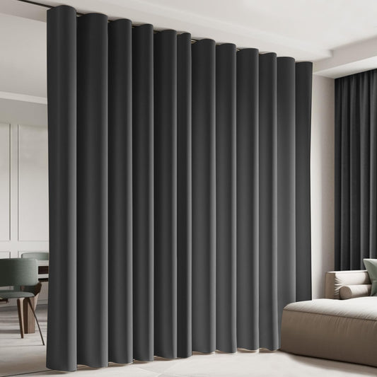 (Black)High-Density Silk-Look Blackout Divider Curtain & White Track Kit