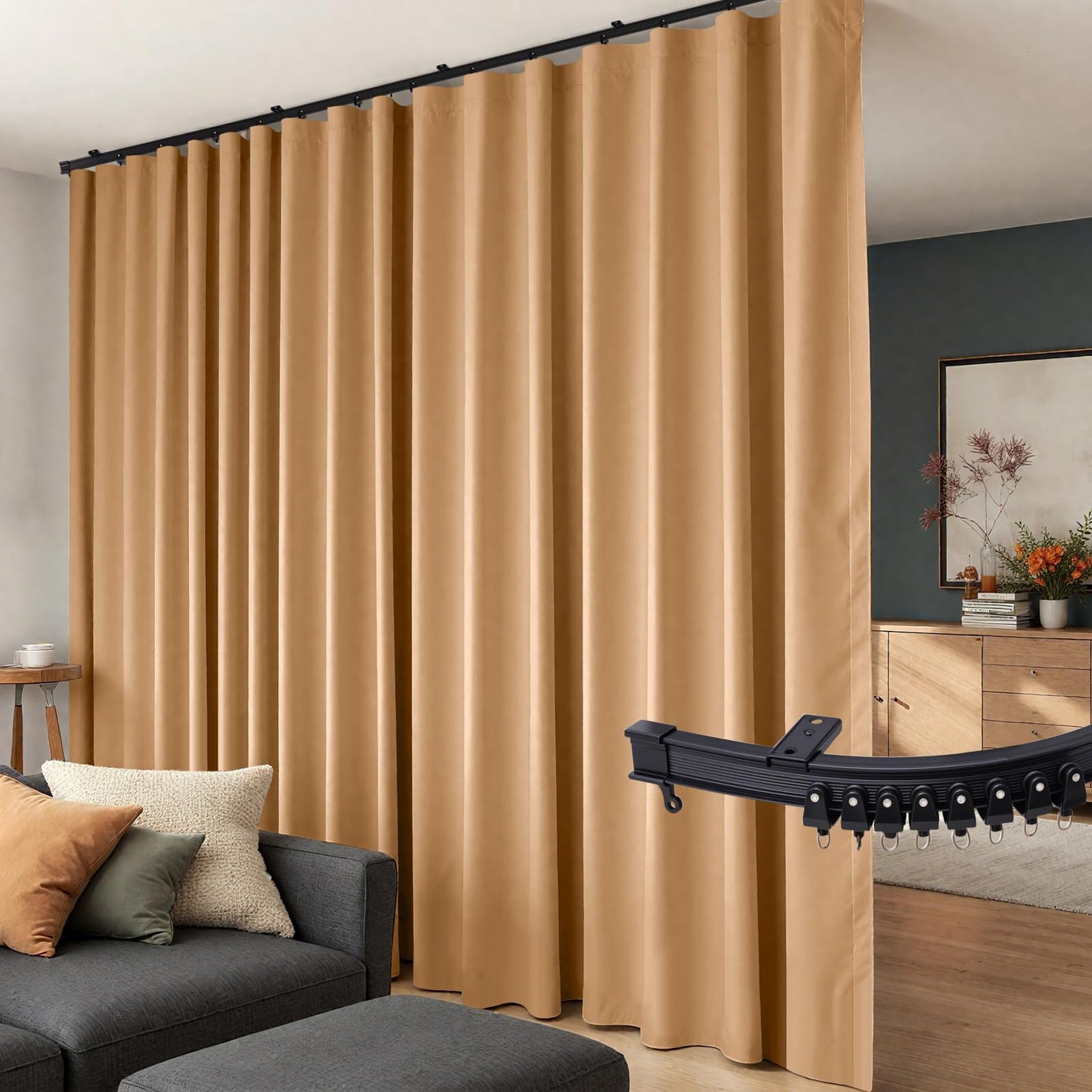 (Khaki)High-Density Silk-Look Blackout Divider Curtain & Black Track Kit