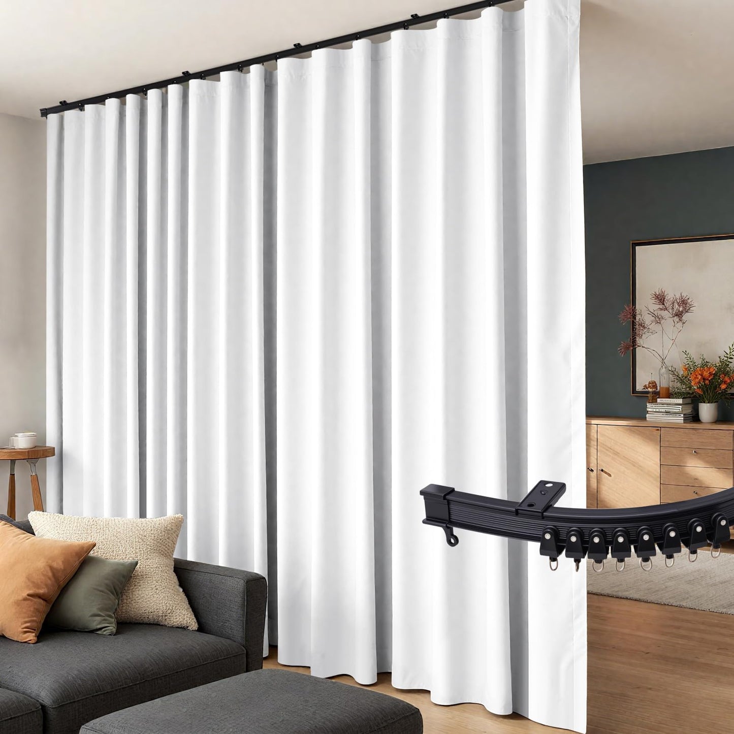 (Whit)High-Density Silk-Look Blackout Divider Curtain & Black Track Kit