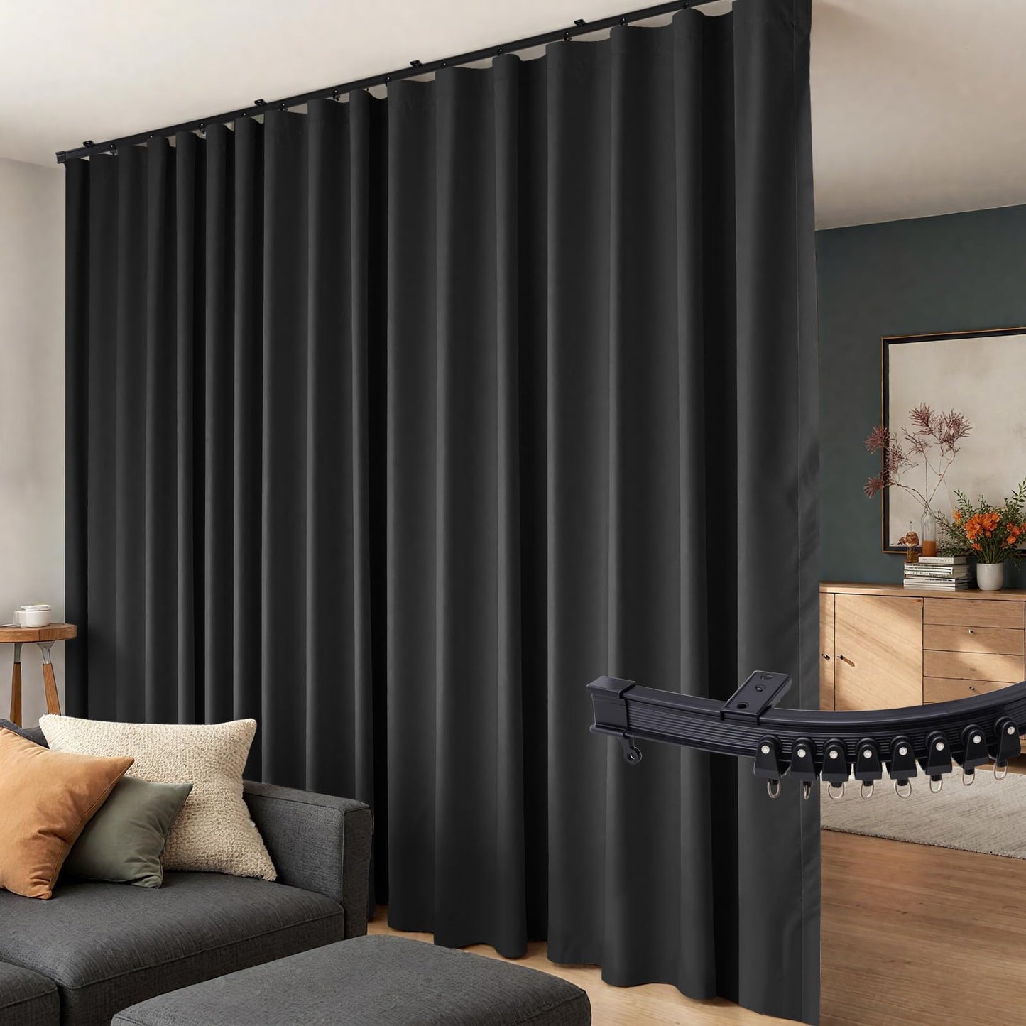 (Black)High-Density Silk-Look Blackout Divider Curtain & Black Track Kit