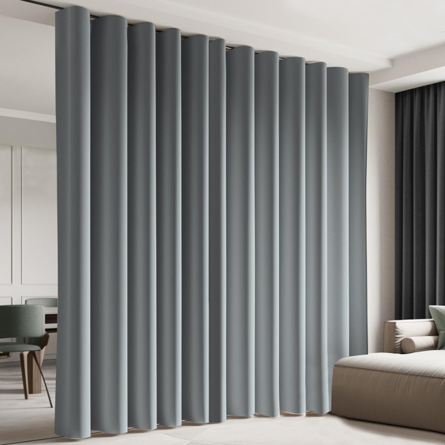 （Light Grey）High-Density Silk-Look Blackout Divider Curtain & White Track Kit