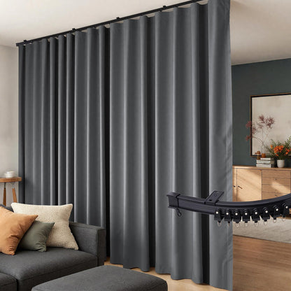 (Track-grey)High-Density Silk-Look Blackout Divider Curtain & Black Track Kit