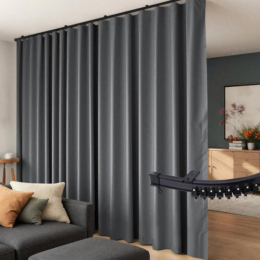 (Track-grey)High-Density Silk-Look Blackout Divider Curtain & Black Track Kit