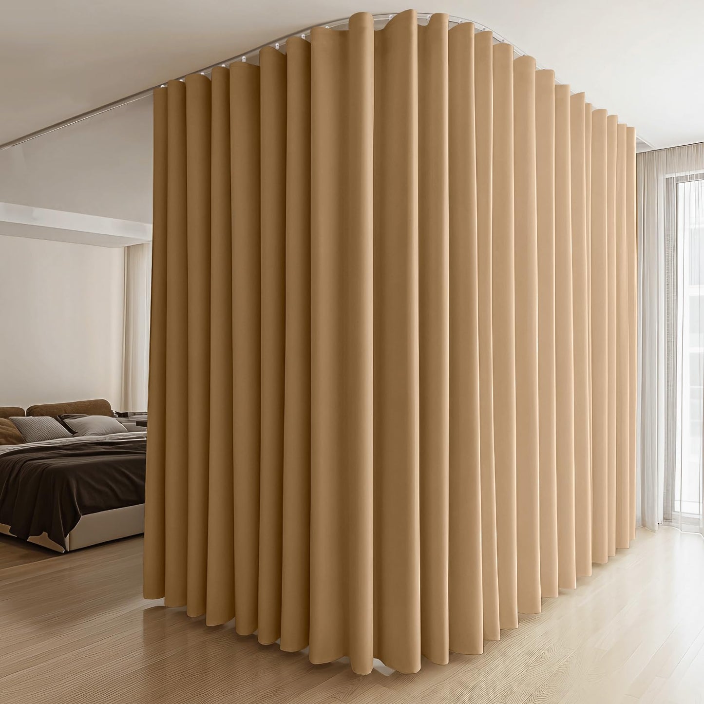 (Khaki)High-Density Silk-Look Blackout Divider Curtain & White Track Kit