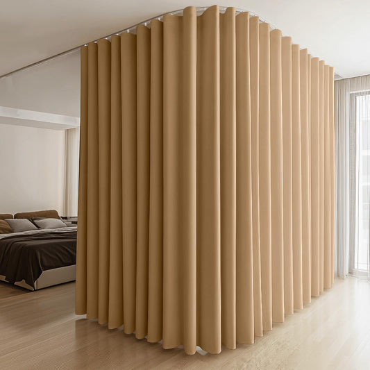 (Khaki)High-Density Silk-Look Blackout Divider Curtain & White Track Kit
