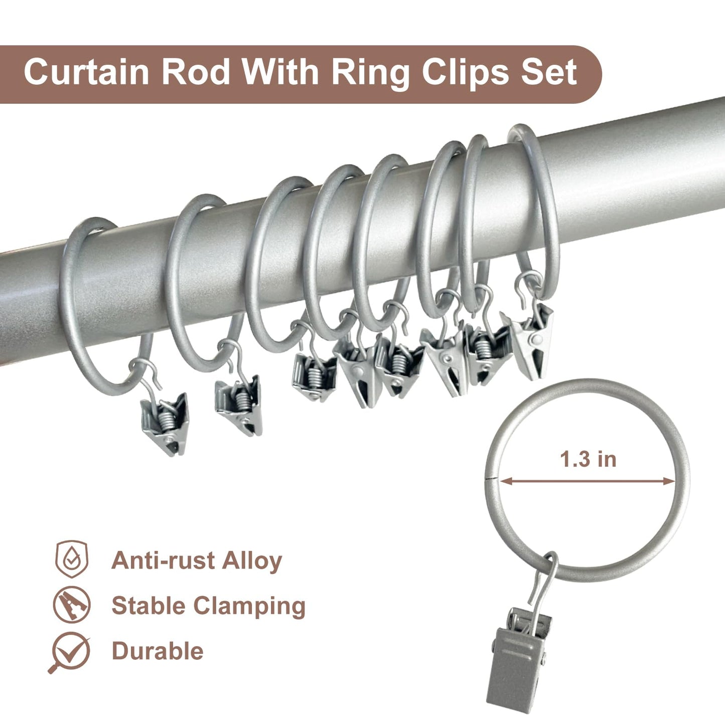 Curtains Rods for Windows 1 Inch Thick Heavy Duty Metal Curtain Rod with Curtain Rings with Clips Sets
