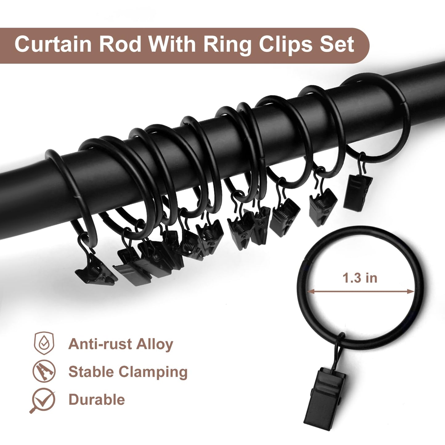 Curtains Rods for Windows 1 Inch Thick Heavy Duty Metal Curtain Rod with Curtain Rings with Clips Sets