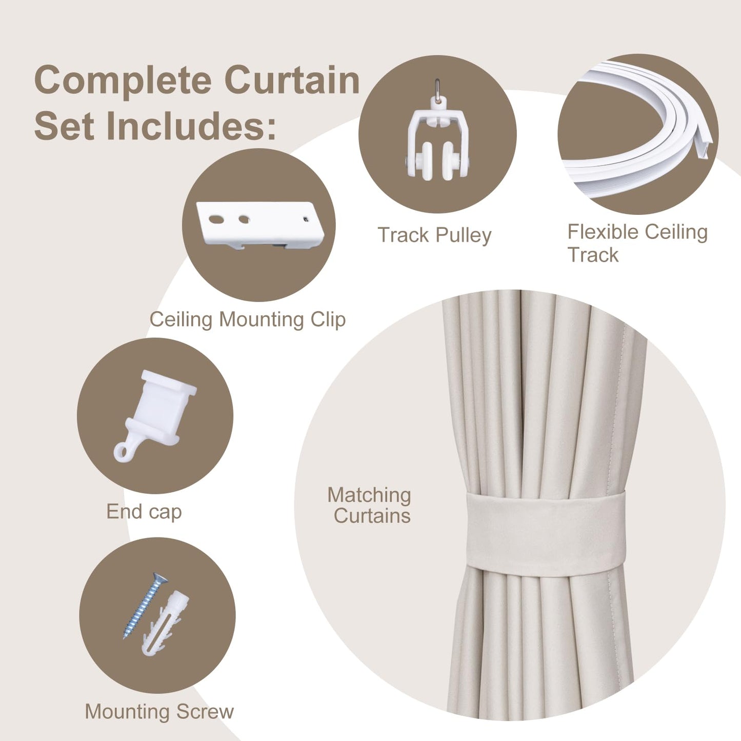 (Beige)High-Density Silk-Look Blackout Divider Curtain & White Track Kit