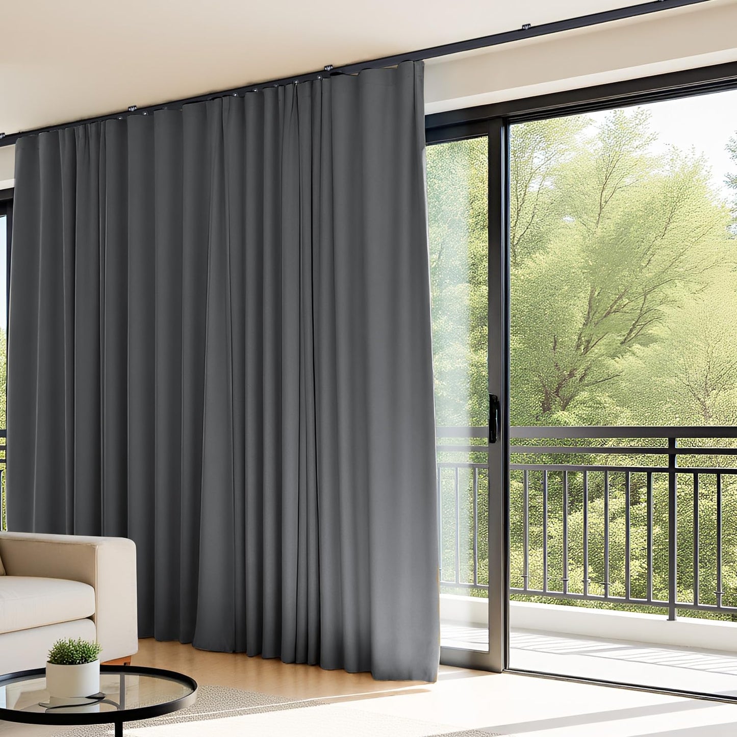 (Track-grey)High-Density Silk-Look Blackout Divider Curtain & Black Track Kit