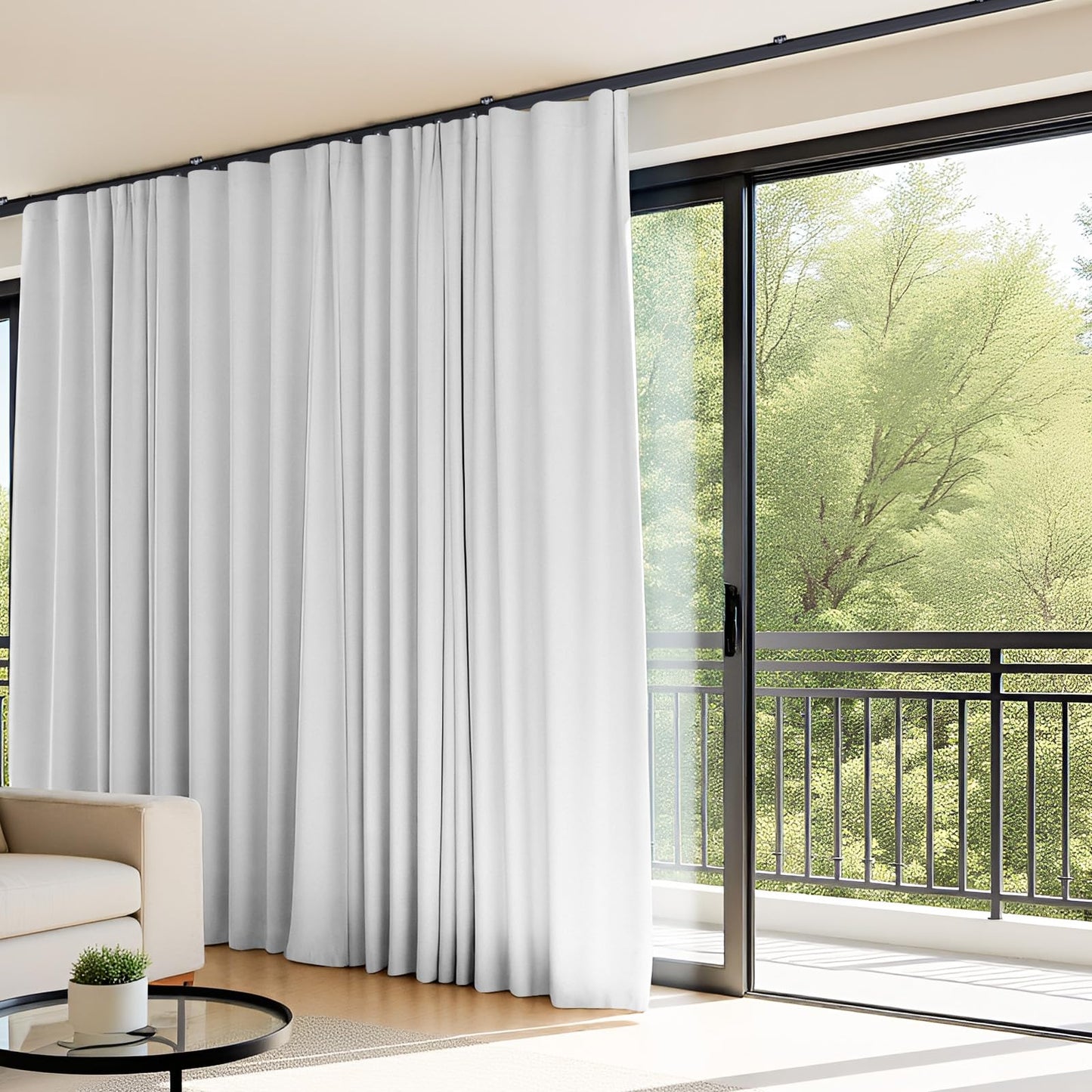 (Whit)High-Density Silk-Look Blackout Divider Curtain & Black Track Kit
