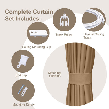 (Khaki)High-Density Silk-Look Blackout Divider Curtain & White Track Kit