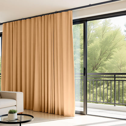 (Khaki)High-Density Silk-Look Blackout Divider Curtain & Black Track Kit