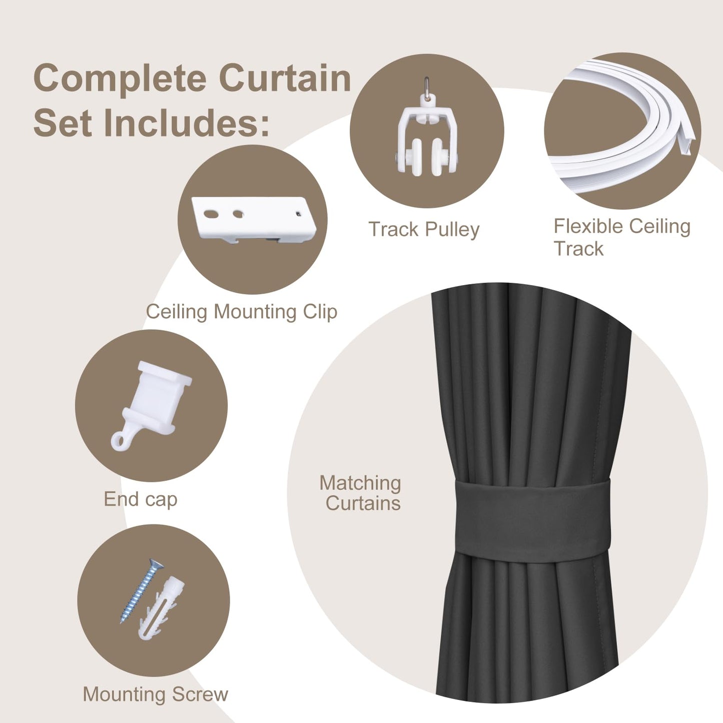 (Black)High-Density Silk-Look Blackout Divider Curtain & White Track Kit