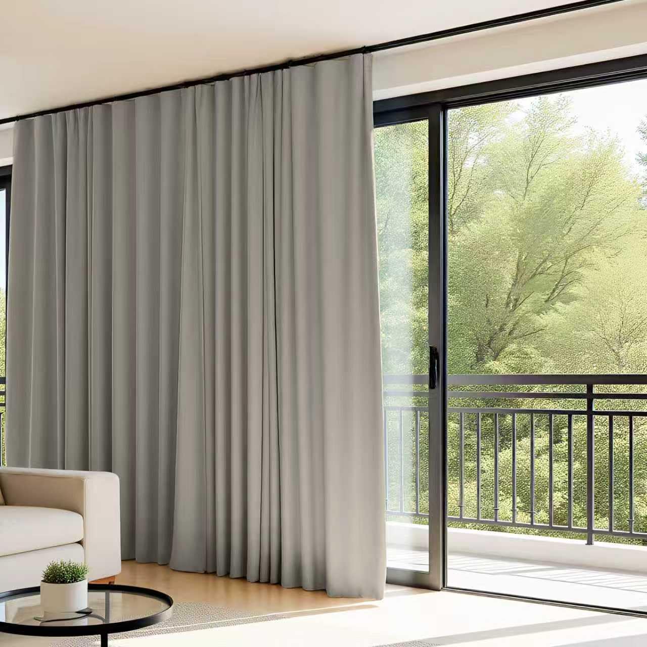 (Light-grey)High-Density Silk-Look Blackout Divider Curtain & Black Track Kit