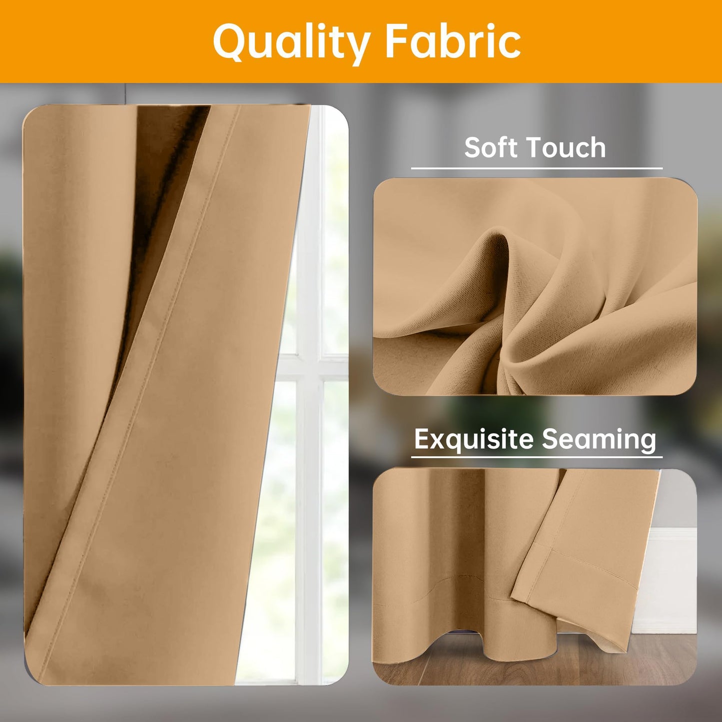 (Khaki)High-Density Silk-Look Blackout Divider Curtain & Black Track Kit