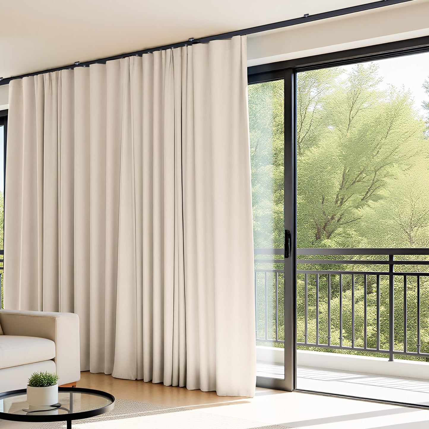 (Beige)High-Density Silk-Look Blackout Divider Curtain & Black Track Kit