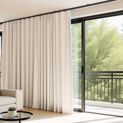 (Beige)High-Density Silk-Look Blackout Divider Curtain & Black Track Kit