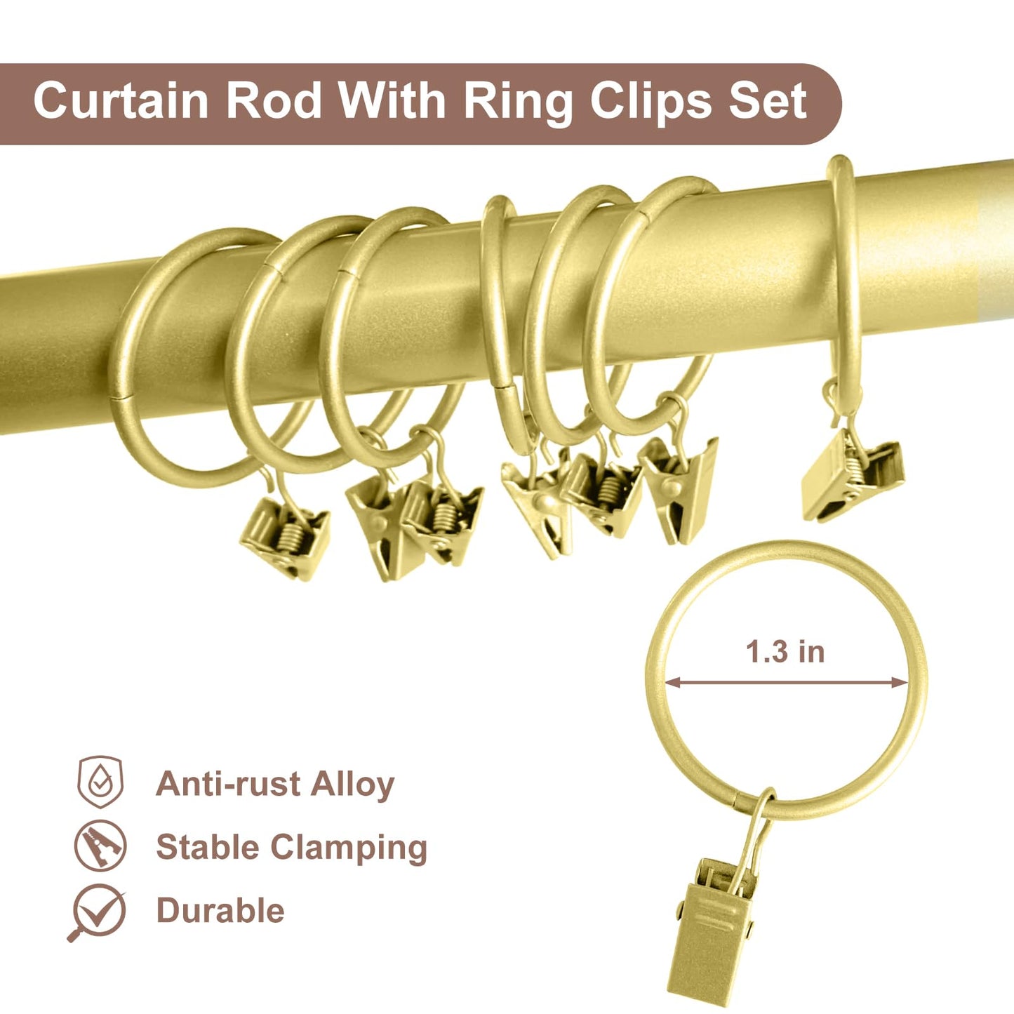 Curtains Rods for Windows 1 Inch Thick Heavy Duty Metal Curtain Rod with Curtain Rings with Clips Sets