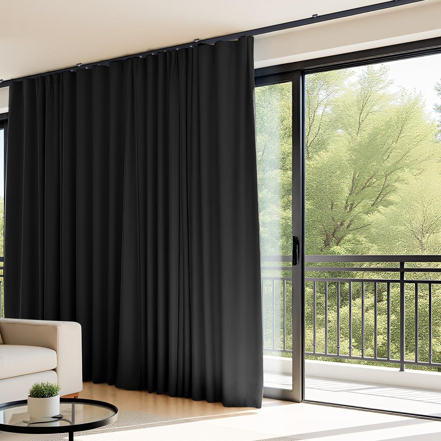 (Black)High-Density Silk-Look Blackout Divider Curtain & Black Track Kit