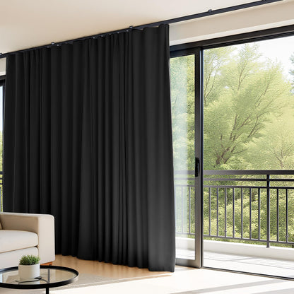 (Black)High-Density Silk-Look Blackout Divider Curtain & Black Track Kit