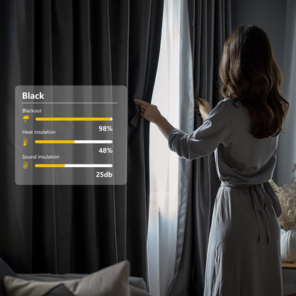 (Black)High-Density Silk-Look Blackout Divider Curtain & White Track Kit