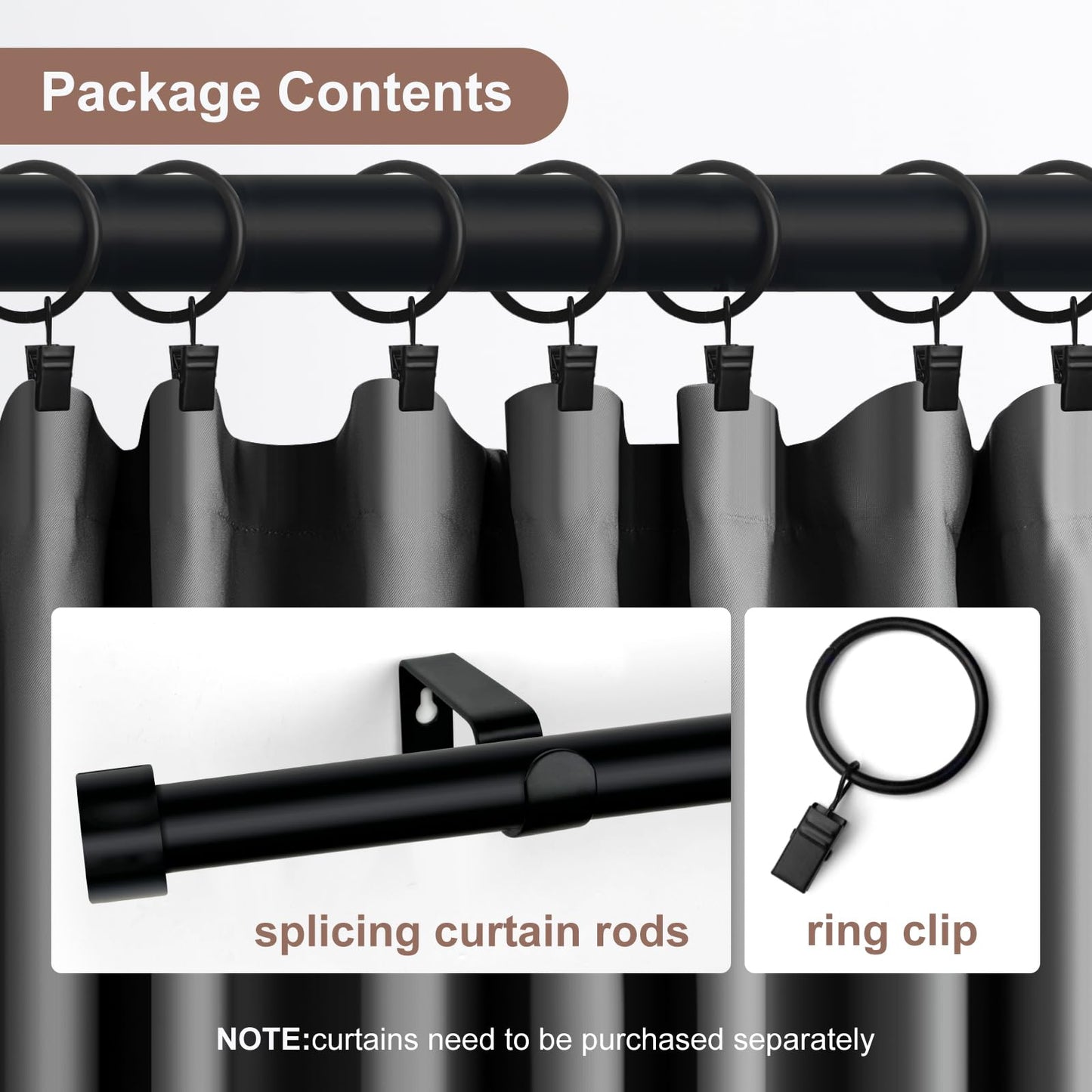 Curtains Rods for Windows 1 Inch Thick Heavy Duty Metal Curtain Rod with Curtain Rings with Clips Sets