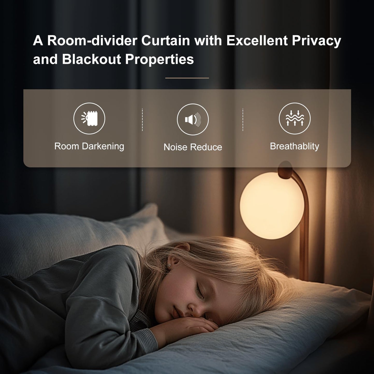 (Black)High-Density Silk-Look Blackout Divider Curtain & White Track Kit