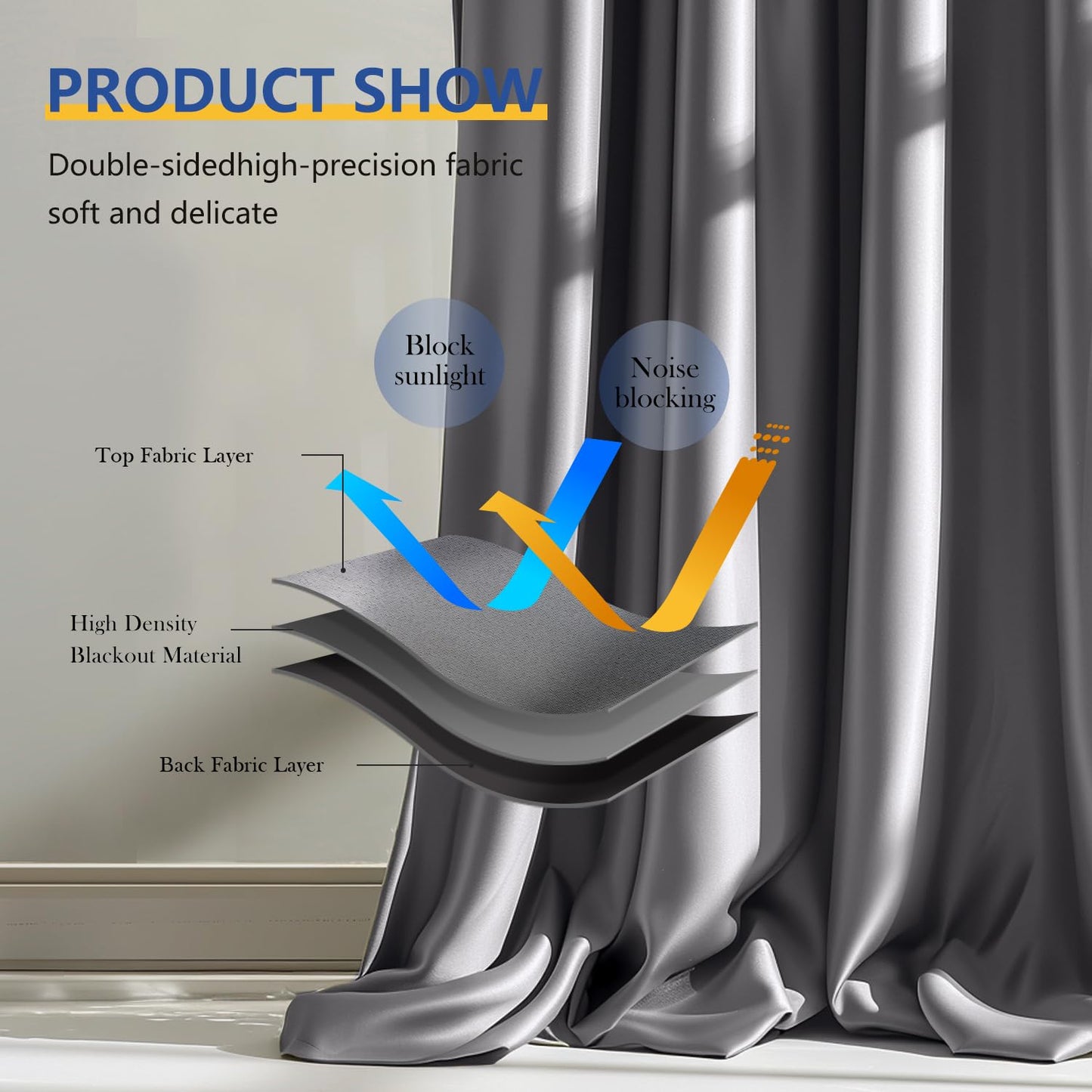 （Light Grey）High-Density Silk-Look Blackout Divider Curtain & White Track Kit