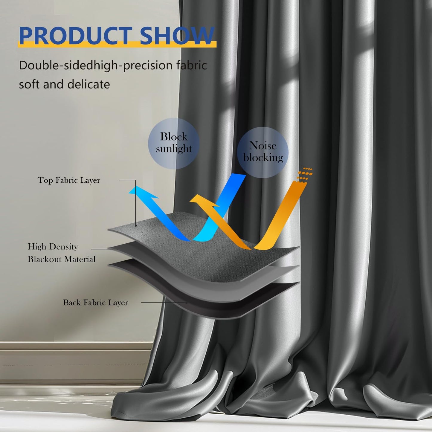 (Grey)High-Density Silk-Look Blackout Divider Curtain & White Track Kit