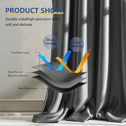 (Grey)High-Density Silk-Look Blackout Divider Curtain & White Track Kit