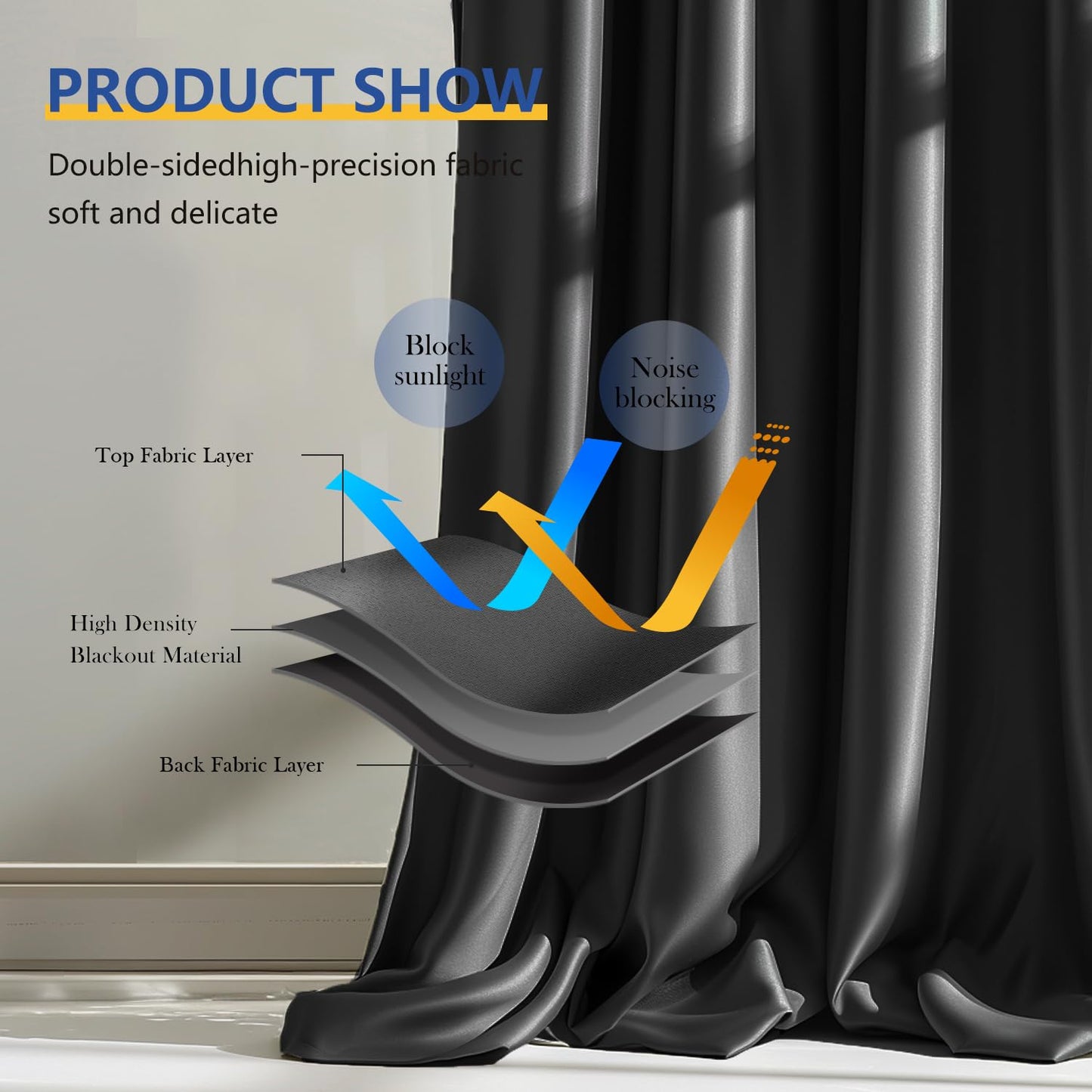 (Black)High-Density Silk-Look Blackout Divider Curtain & White Track Kit