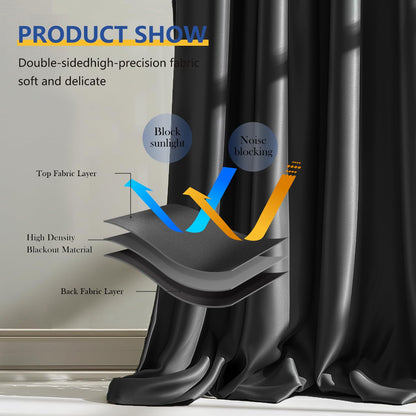 (Black)High-Density Silk-Look Blackout Divider Curtain & White Track Kit