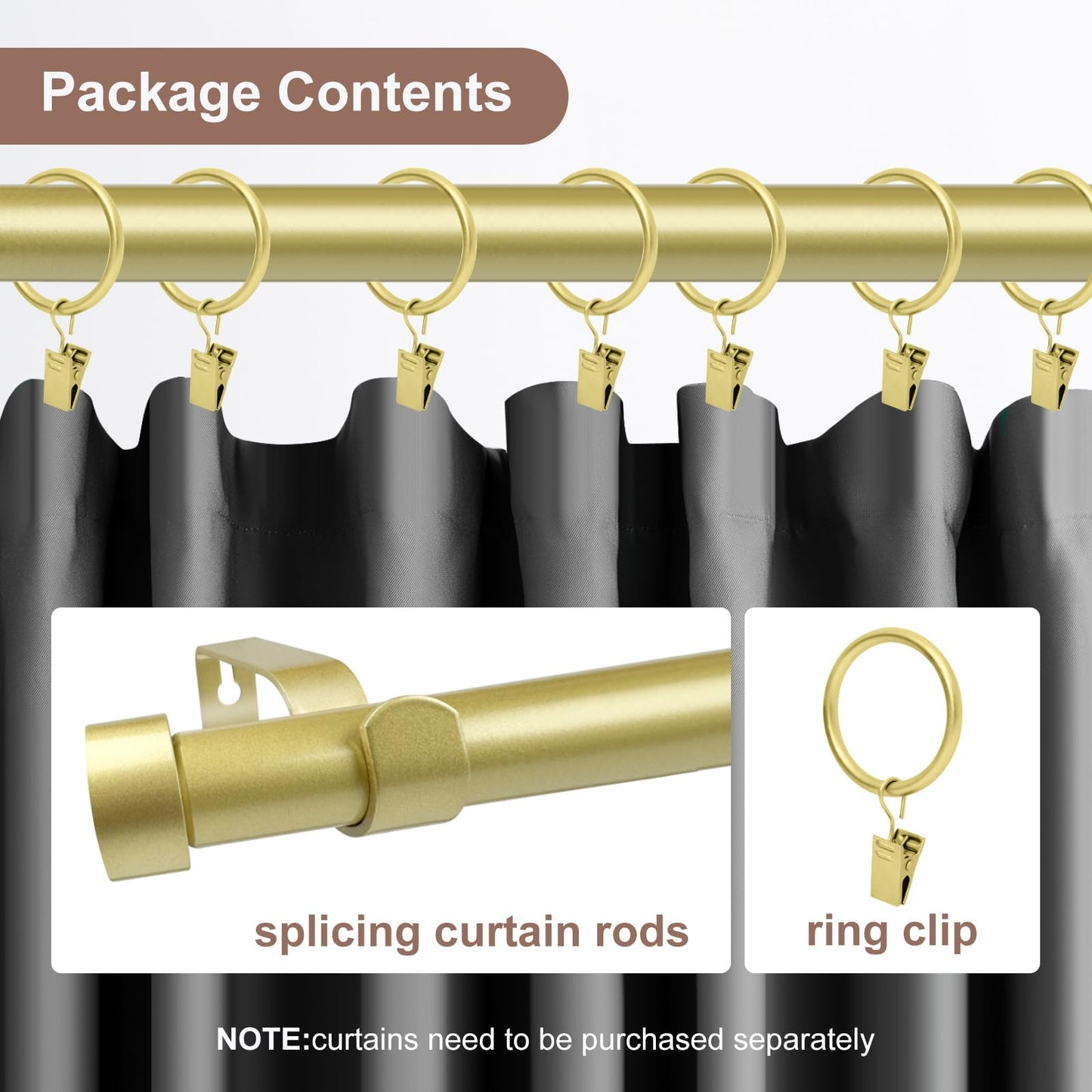 Curtains Rods for Windows 1 Inch Thick Heavy Duty Metal Curtain Rod with Curtain Rings with Clips Sets