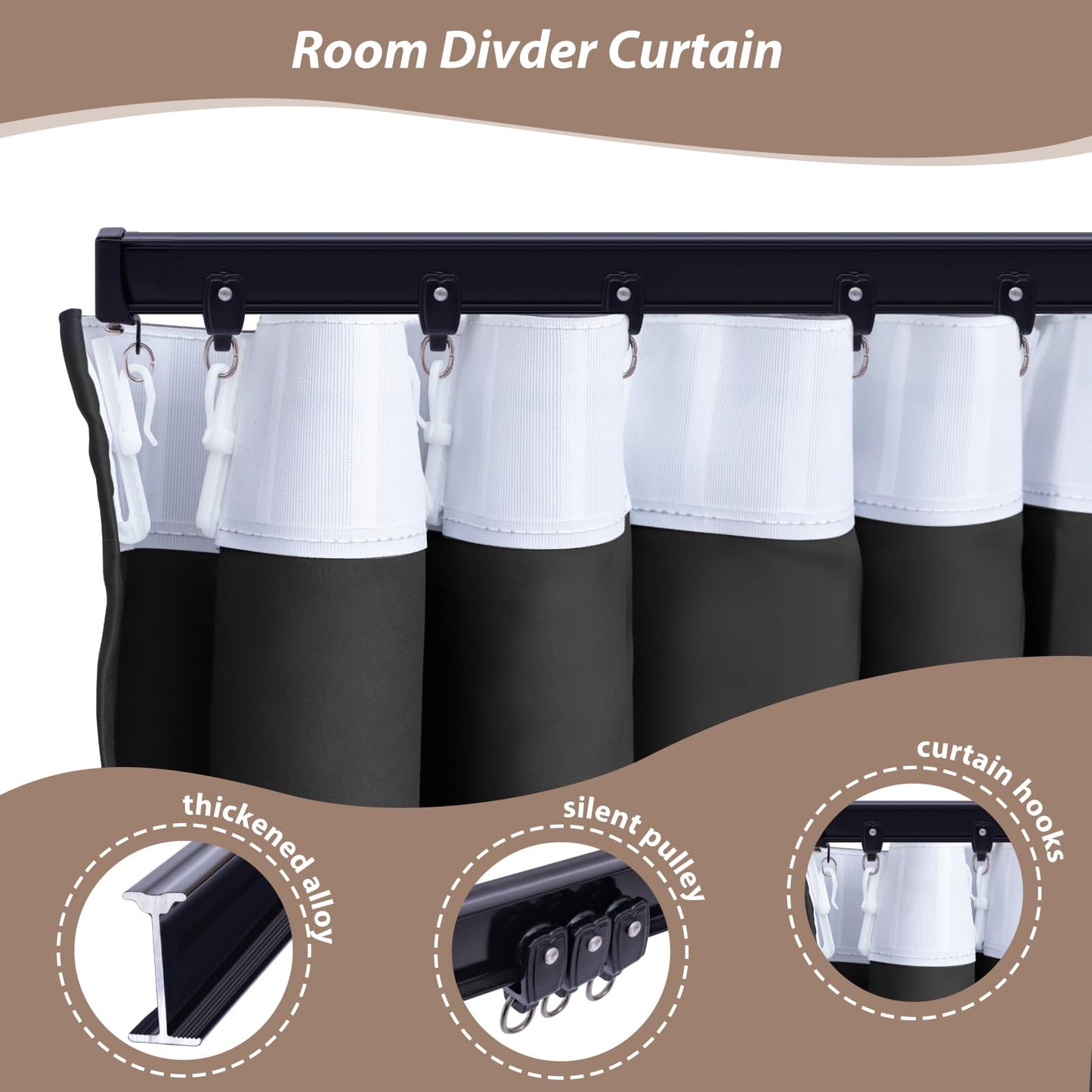 Benny Thermal Textured Blackout Room Divider Curtain Kit with Heavy-Duty Aluminum Bendable Ceiling Track Set